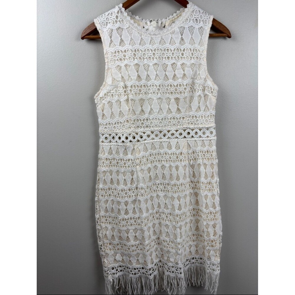 Lulu's cream Crochet Lace Fringe Mini Dress Medium women boho party fun